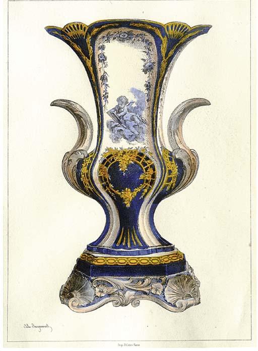 Jules Ferdinand Jacquemart - A set of four engravings with later hand colouring of French porcelain