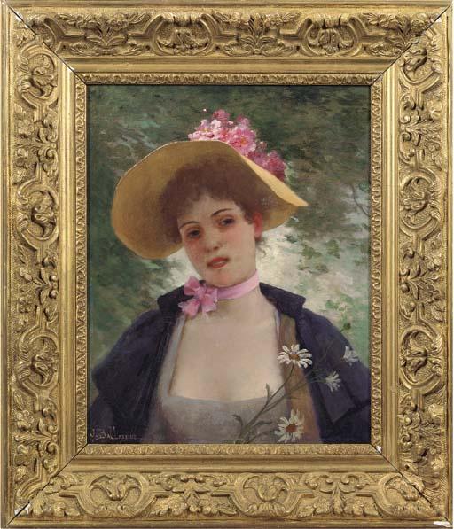 Jules Frederic Ballavoine - A young beauty picking daisies