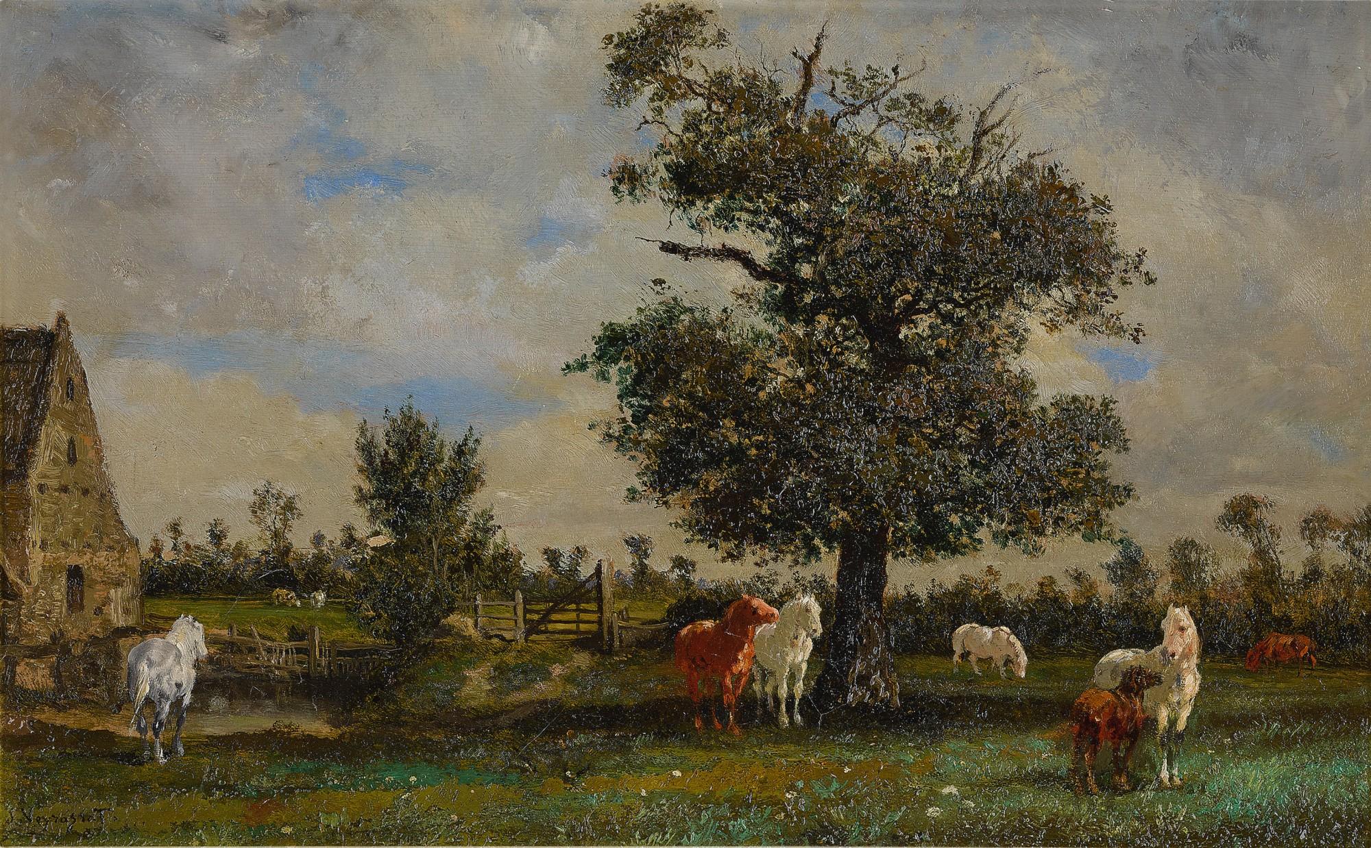 Jules Jacques Veyrassat - Chevaux sous un pommier