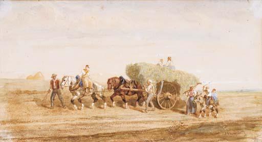 Jules-Jacques Veyrassat - Un paysage avec deux chevaux tirant une charette de foin, des paysans et un garçon sur un âne