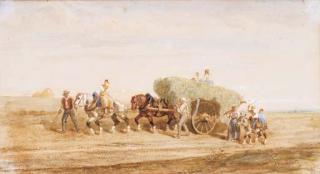 Jules-Jacques Veyrassat - Un paysage avec deux chevaux tirant une charette de foin, des paysans et un garçon sur un âne