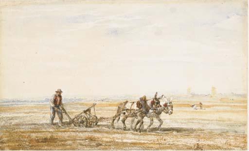 Jules-Jacques Veyrassat - Un paysage avec un paysan dirigant une charrue tirée par deux chevaux, deux paysannes au fond