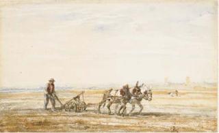 Jules-Jacques Veyrassat - Un paysage avec un paysan dirigant une charrue tirée par deux chevaux, deux paysannes au fond