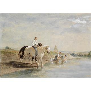 Jules-Jaques Veyrassat - A Horse Rider Crossing The River On Laundry Day 