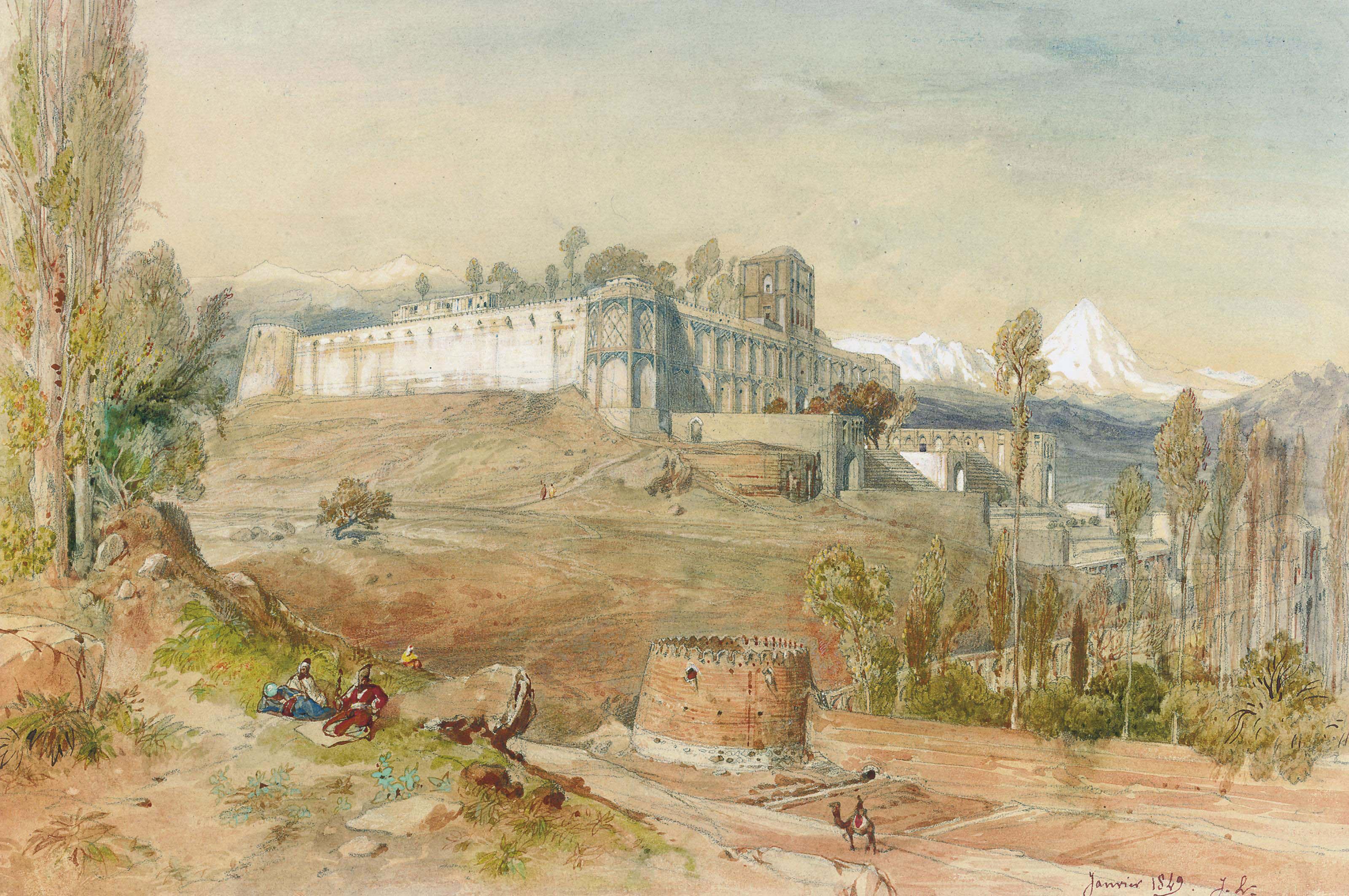 Jules-Joseph-Augustin Laurens - A Persian hill fort, with figures smoking in the foreground