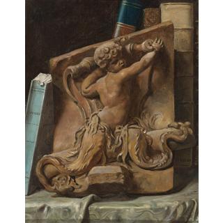 Jules-Léopold Boilly - Trompe L\'Oeil Of A Bookshelf With A Terracotta Relief