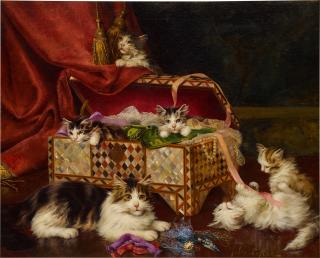 Jules Leroy - Kittens in Sewing Basket