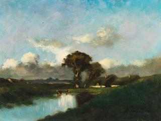 Jules Louis Dupré - Chaumière au bord de la mare, avec vaches à l\'abreuvoir