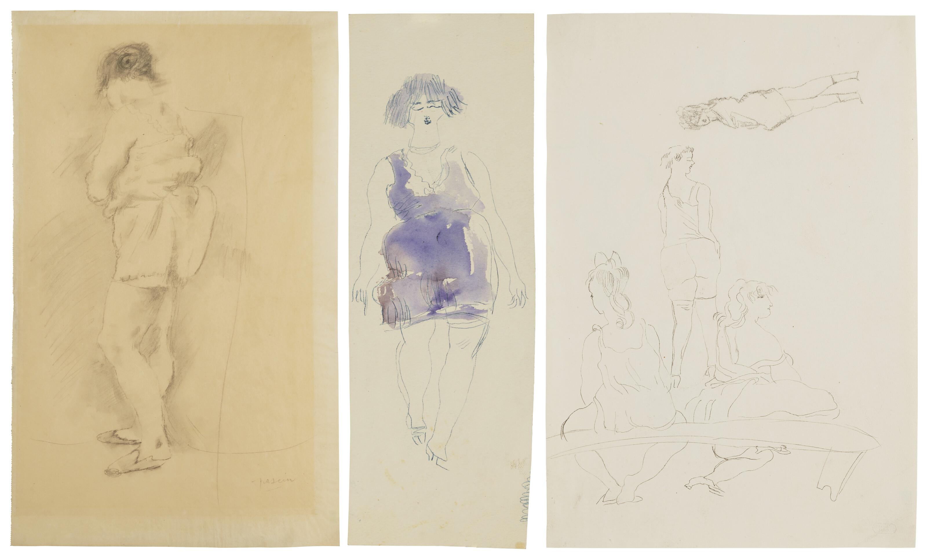 Jules Pascin - (i) Femme debout (ii) Femme à la robe bleue (recto); Études diverses (verso) (iii) La Banquette (recto); Études de femmes (verso)