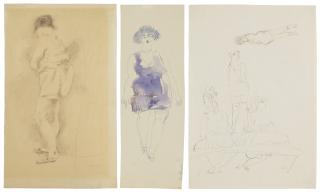 Jules Pascin - (i) Femme debout (ii) Femme à la robe bleue (recto); Études diverses (verso) (iii) La Banquette (recto); Études de femmes (verso)