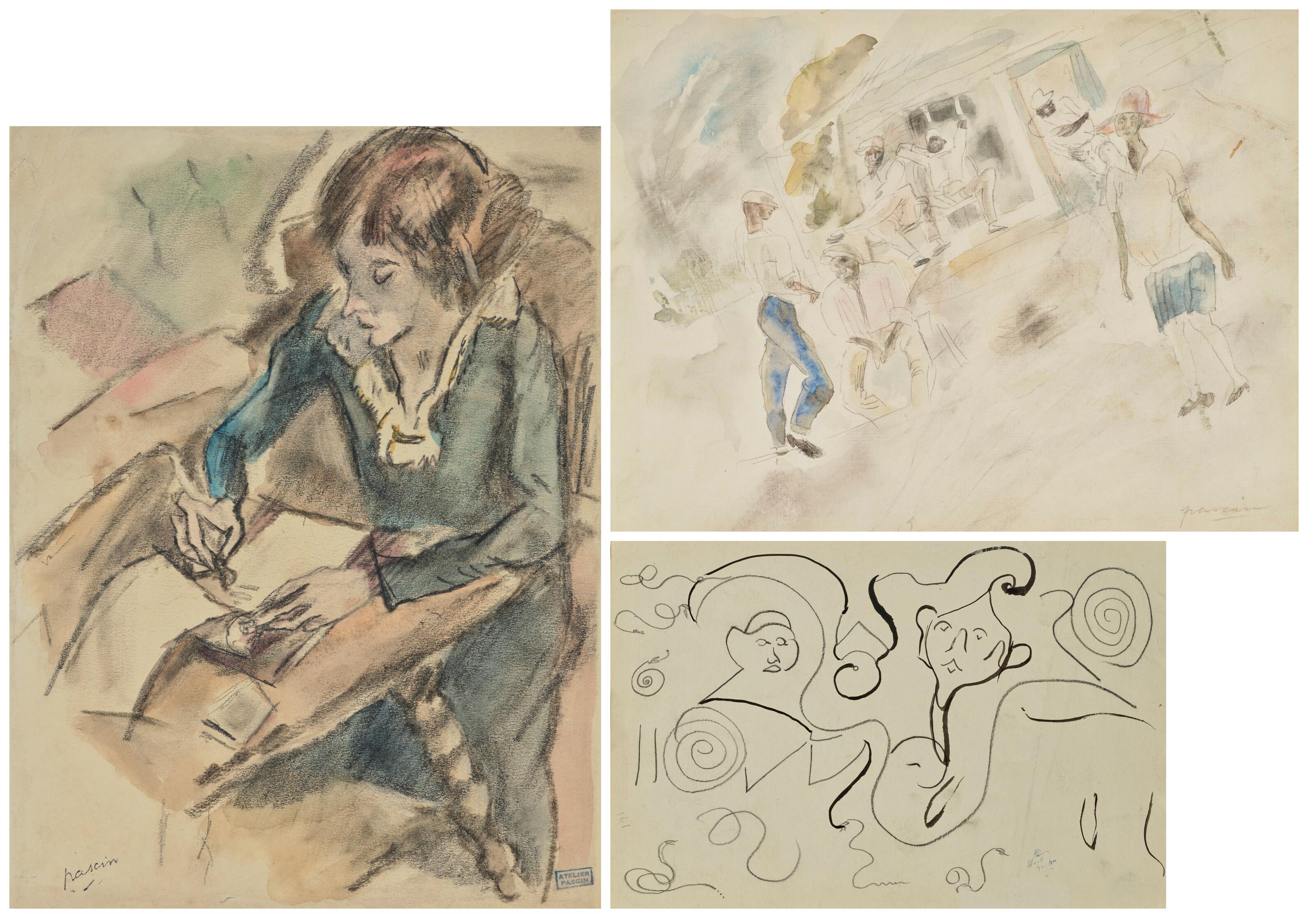 Jules Pascin - (i) Personnage (ii) Autoportrait, les yeux fermés (recto); Études de visages (verso) (iii) Hermine David écrivant