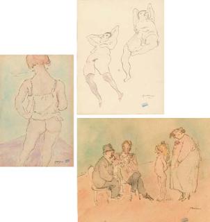 Jules Pascin - The young girl; Two reclining nude women; and A half-dressed girl