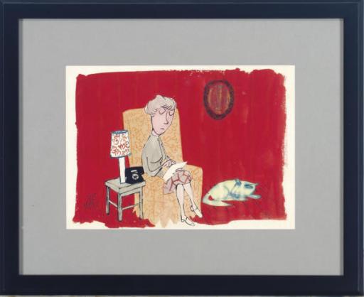 Jules Ralph Feiffer - Interior scene of a lady and her cat