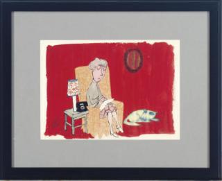 Jules Ralph Feiffer - Interior scene of a lady and her cat