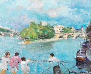 Jules René Hervé - Children playing in a garden; figures on a bridge, a pair