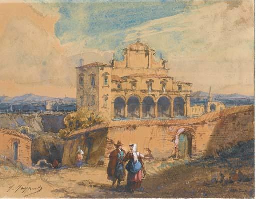 Jules-Romain Joyant - Un paysage avec une église dans la campagne romaine, un couple au premier plan