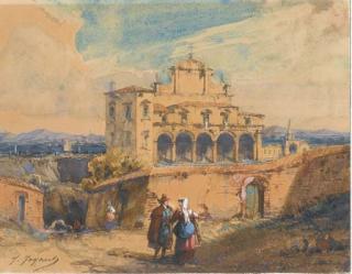 Jules-Romain Joyant - Un paysage avec une église dans la campagne romaine, un couple au premier plan