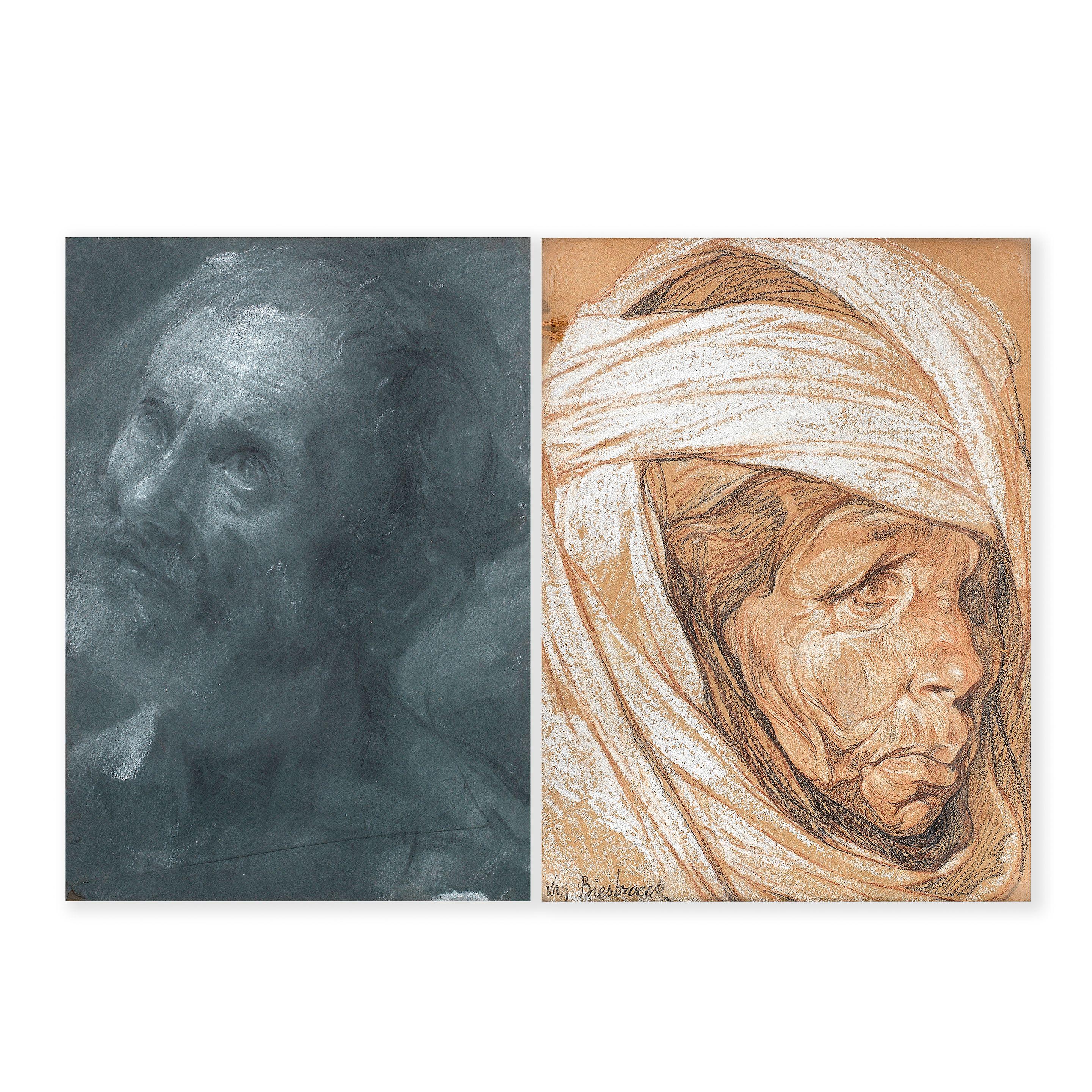 Jules van Biesbroeck - Portrait sketch of John the Baptist together with a portrait of an Algerian woman wearing a headscarf