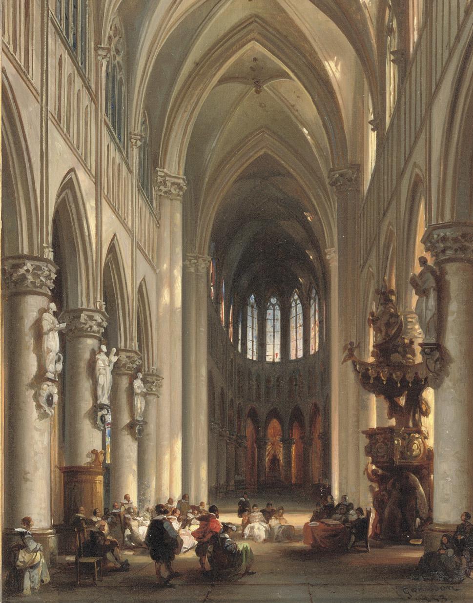 Jules Victor Genisson - A gathering in a sunlit church