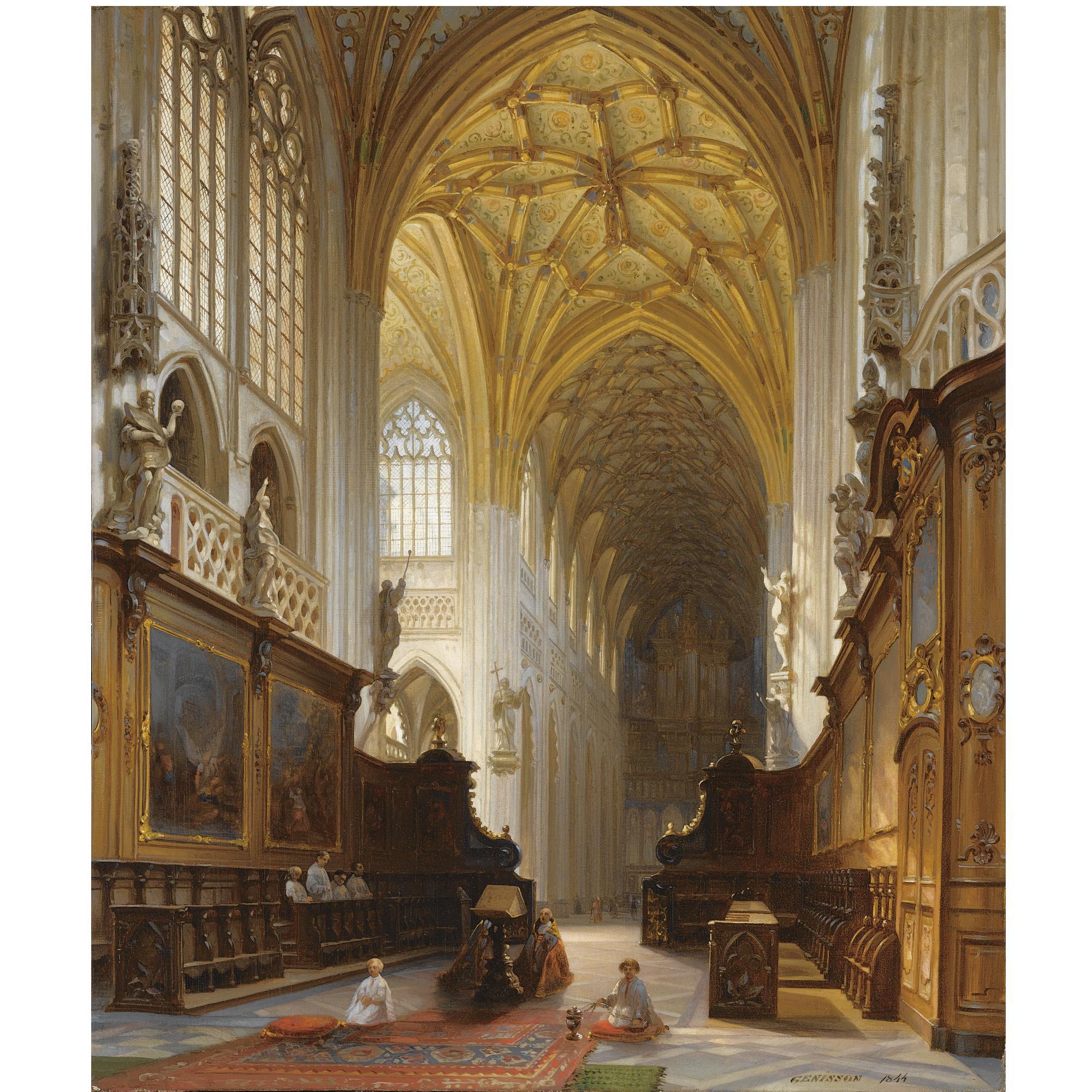 Jules Victor Genisson - Belgian A Church Interior