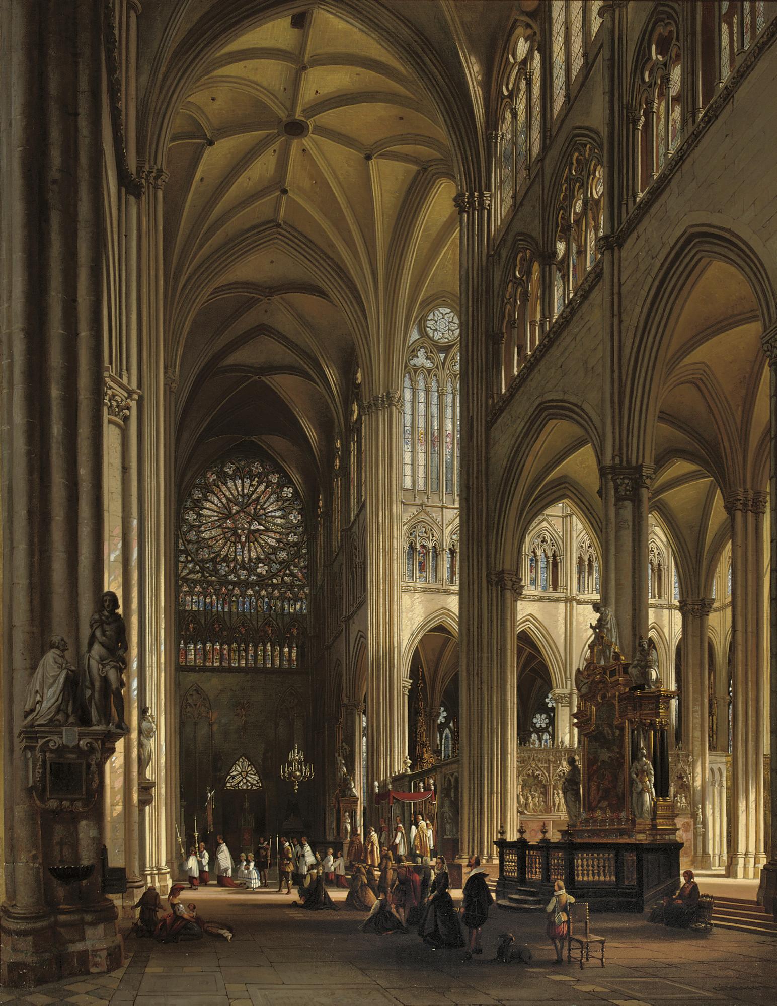 Jules Victor Genisson - Interior of the Amiens cathedral with the Northern transept rose