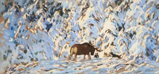 Julian Falat - The Stand-Off/Winter Landscape with Moose and Wolves framed 43.5 x 81.5 x 6.0 cm (17 1/8 x 32 1/8 x 2 1/2 in).