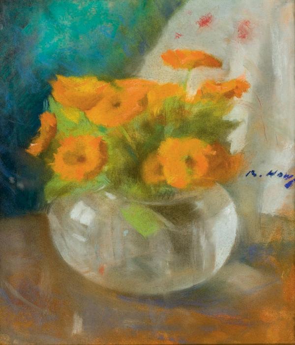 Julie Beatrice How - Fleurs oranges dans un vase (et deux autres oeuvres)