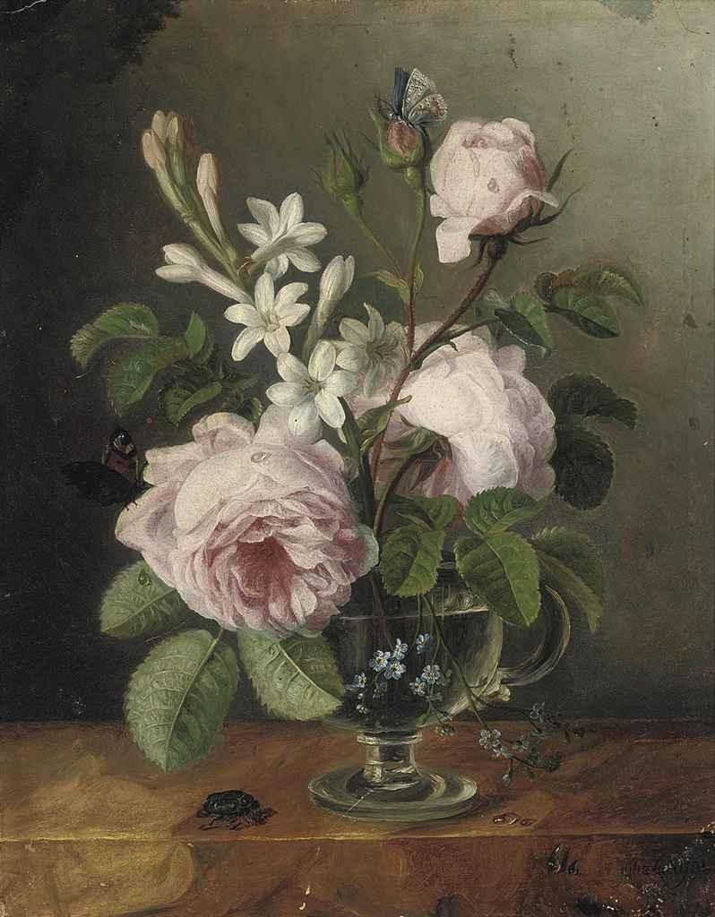 Julie Guyot - Roses, forget-me-nots and other flowers in a glass vase on a ledge