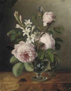 Julie Guyot - Roses, forget-me-nots and other flowers in a glass vase on a ledge