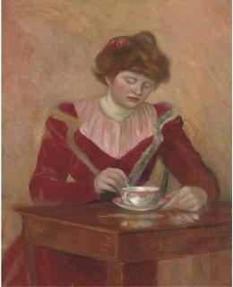 Julie Manet - Portrait of Jeanne Gobillard, seated three-quarter length, at a table with a cup and saucer