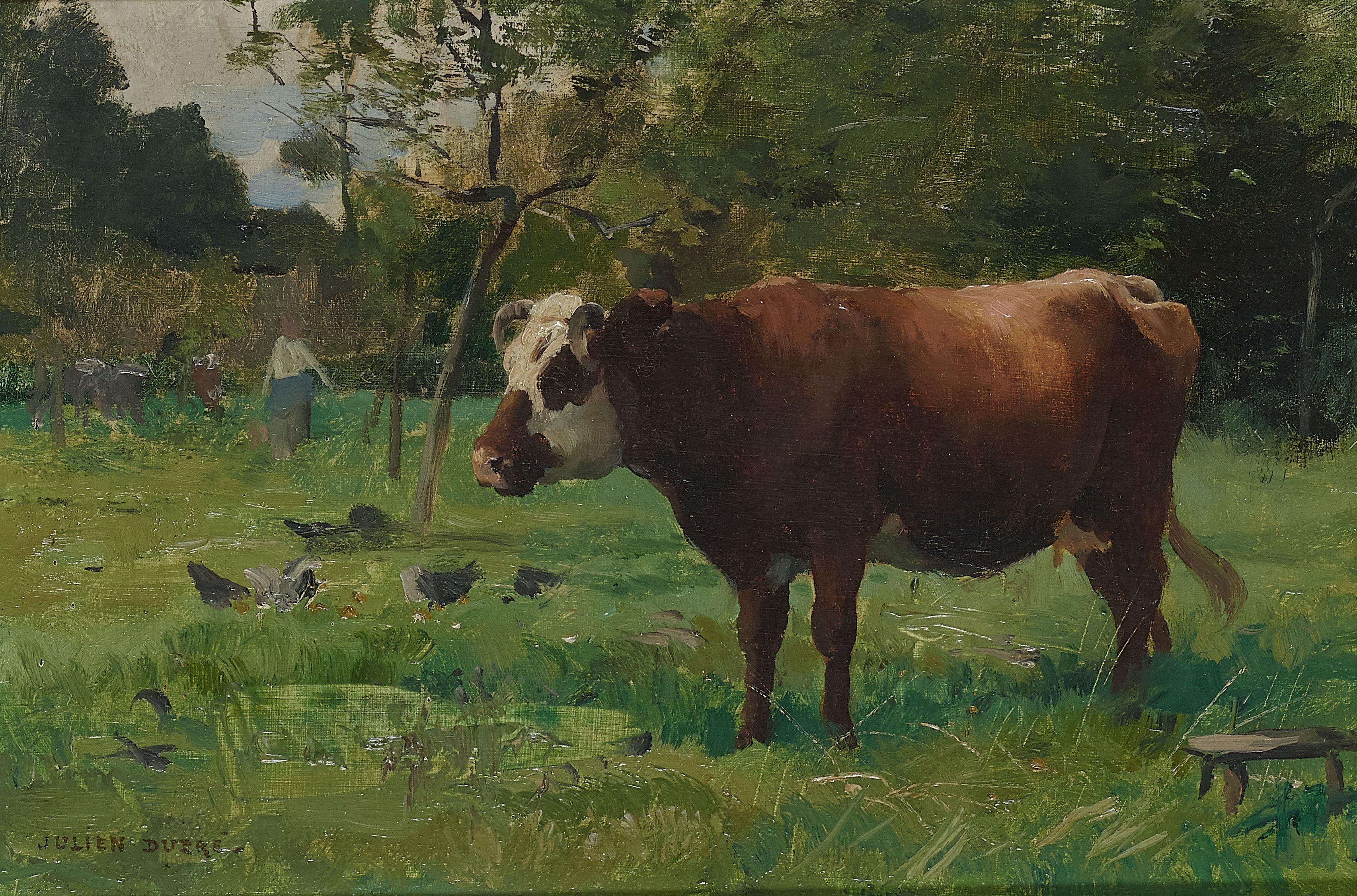 Julien Dupré - A cow at pasture with a milkmaid in the distance