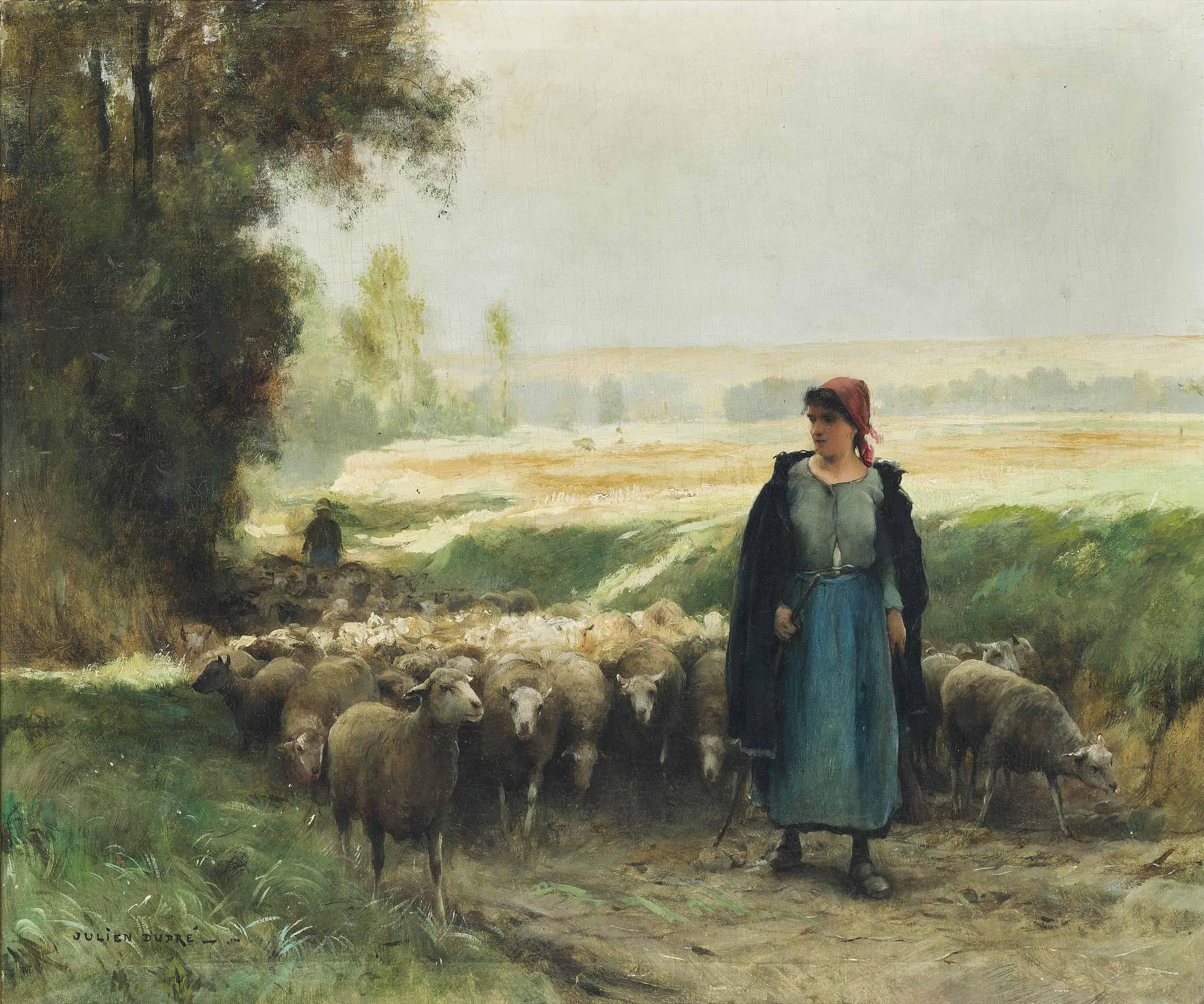 Julien Dupré - A shepherd girl guiding a flock of sheep