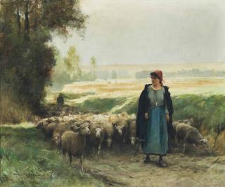 Julien Dupré - A shepherd girl guiding a flock of sheep