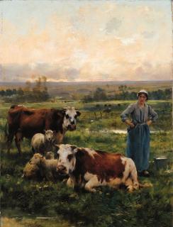 Julien Dupré - A Shepherdess with Cows and Sheep in a Landscape