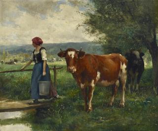 Julien Dupré - Femme sur passerelle, vaches près mare