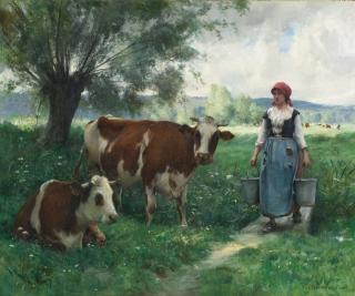 Julien Dupré - French a Milkmaid With Her Cows At Pasture