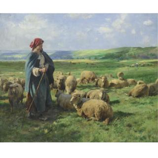 Julien Dupré - French A Young Shepherdess Watching Over Her Flock