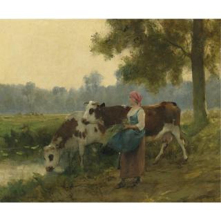 Julien Dupré - French Young Maid With Her Cows At The Water\'S Edge