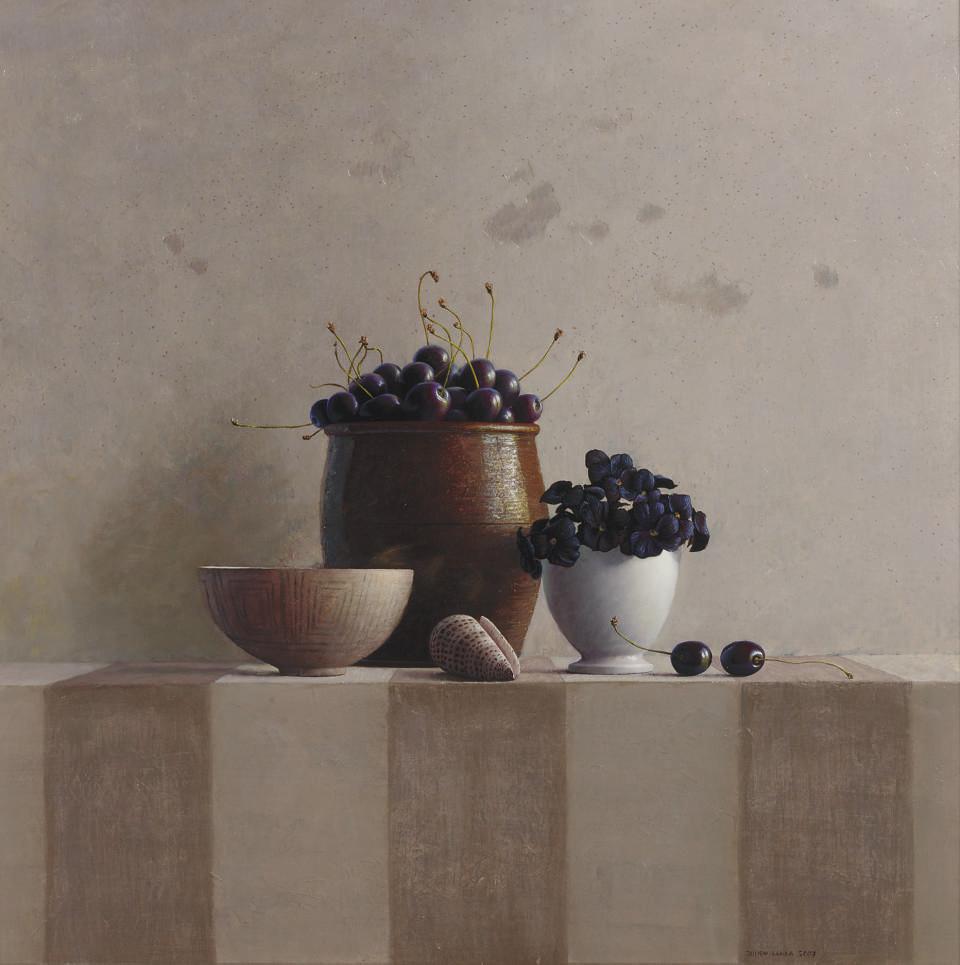 Julien Landa - A still life with cherries, violets and a seashell