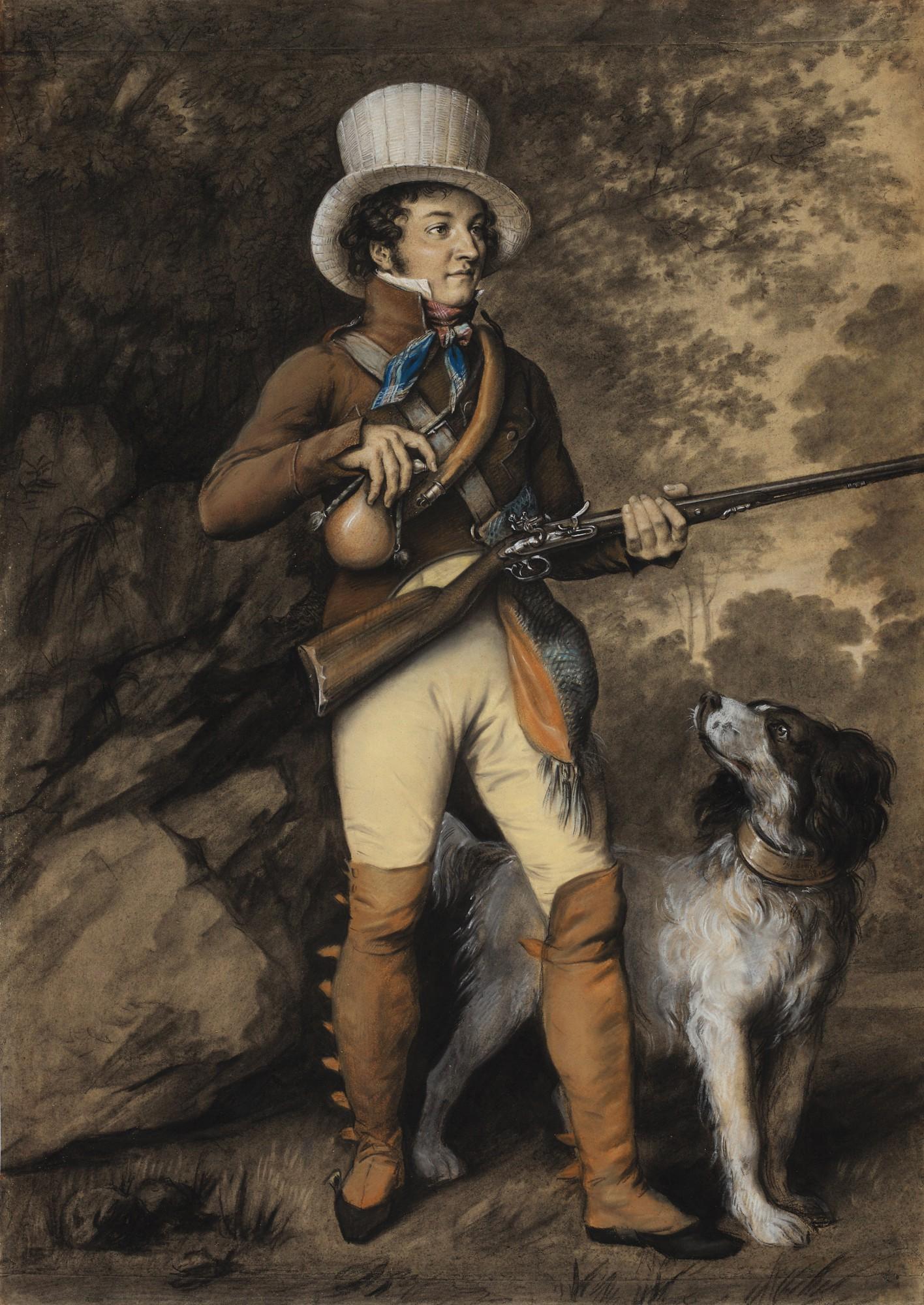 Julien-Léopold Boilly - Portrait Of A Hunter And His Dog, Traditionally Identified As The Artist Louis Boilly, In Hunting Costume