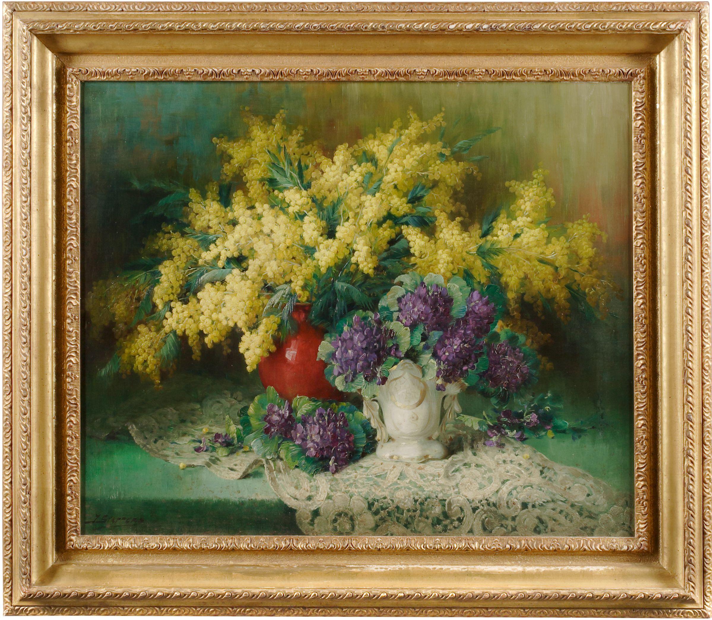 Julien Stappers - A still life of spring flowers on a draped table