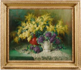 Julien Stappers - A still life of spring flowers on a draped table
