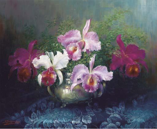 Julien Stappers - Orchids in a silver bowl on a table draped in lace