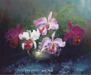 Julien Stappers - Orchids in a silver bowl on a table draped in lace
