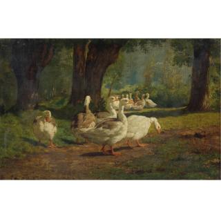 Juliette Peyrol-Bonheur - French Geese In A Wooded Glade