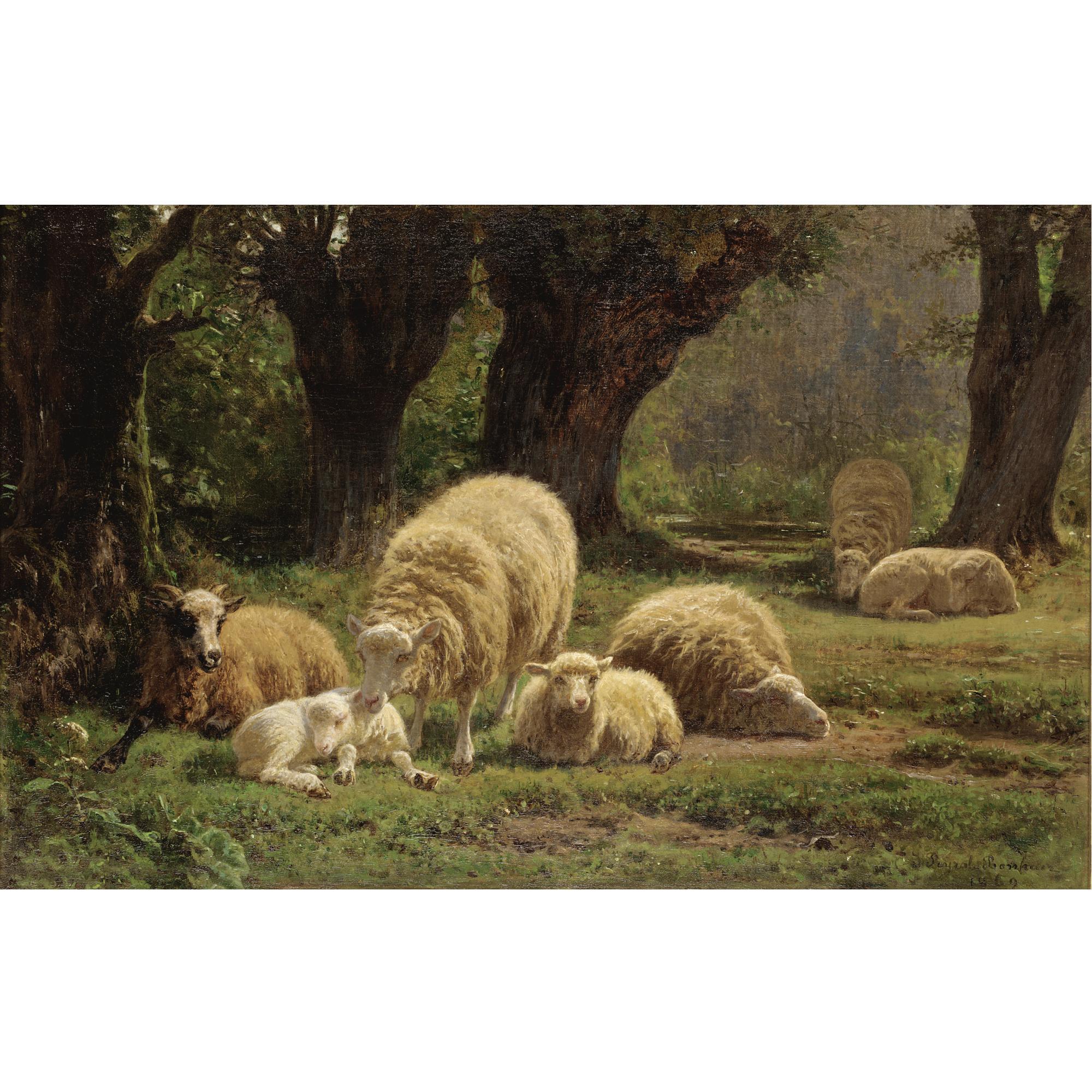 Juliette Peyrol-Bonheur - Sheep Grazing In A Wooded Clearing