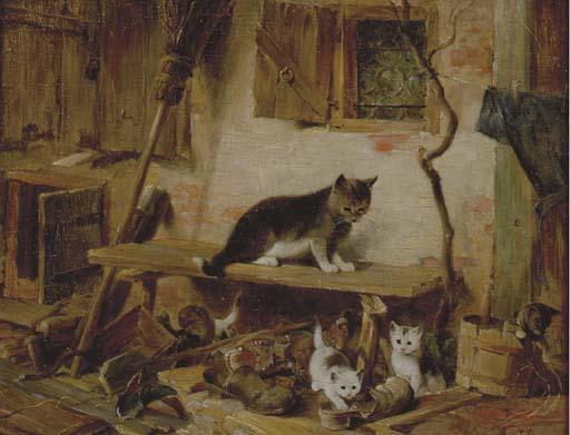 Julius Adam II - Cat with kittens at play