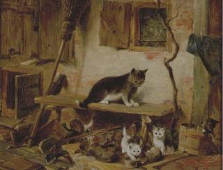 Julius Adam II - Cat with kittens at play