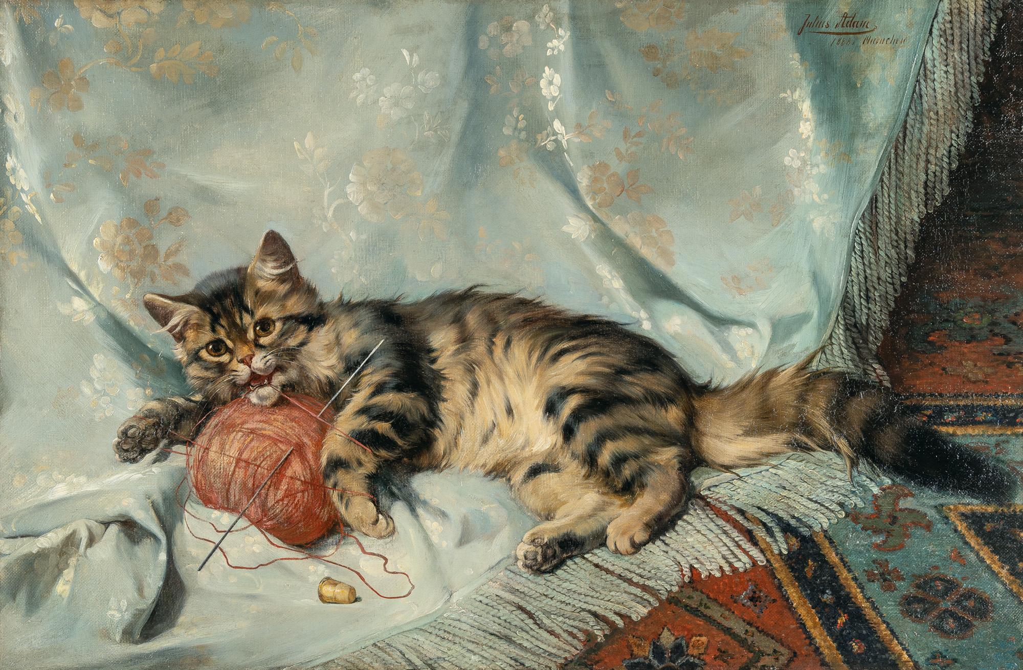 Julius Adam - Spielende Katze mit Wollknäuel