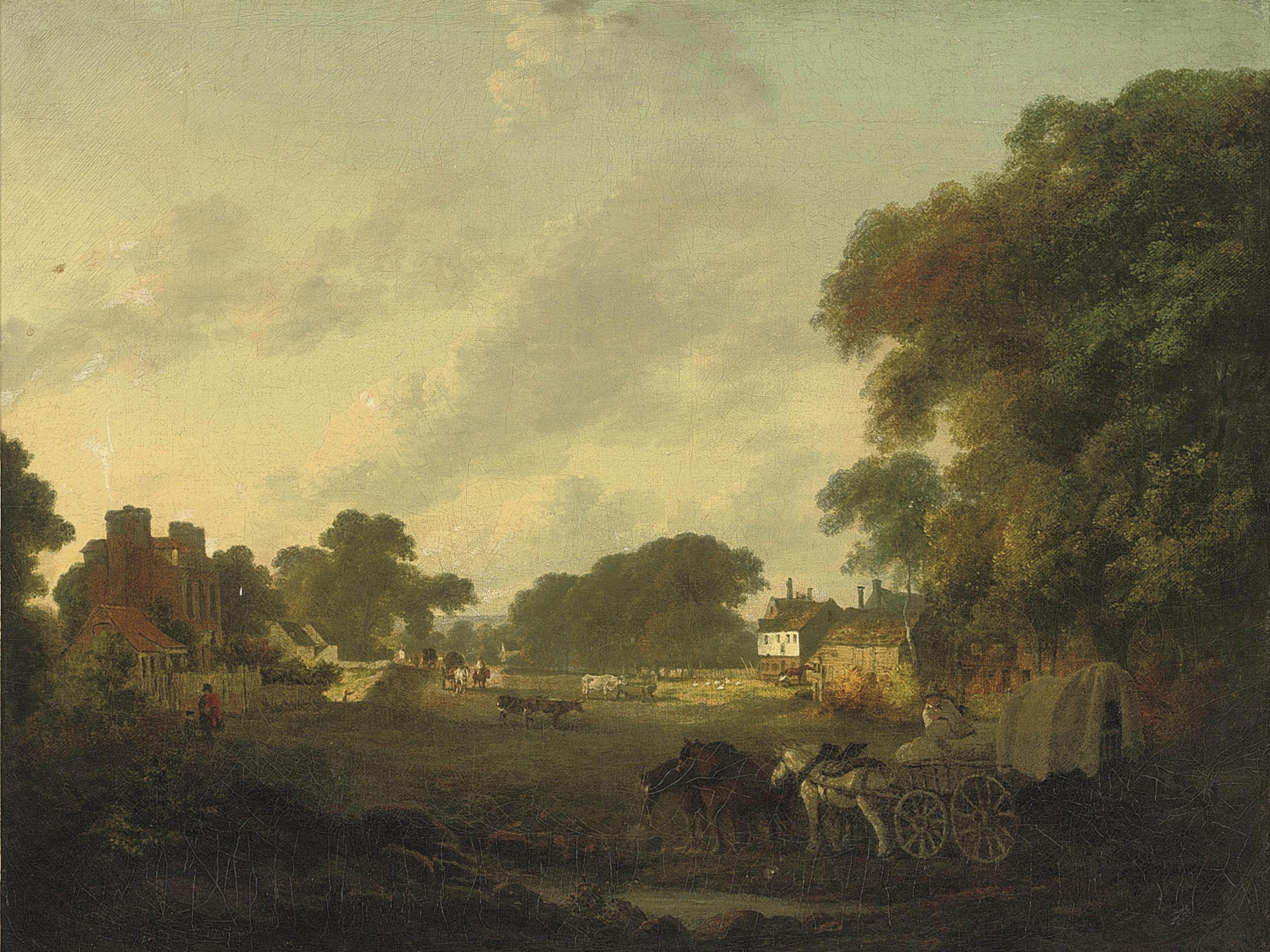 Julius Caesar Ibbetson - A rural landscape with villagers in horse-drawn carts and farm animals